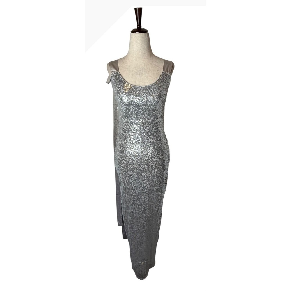 Angel Biba Sequin Maxi Dress Women Small Silver Satin Tie Gown NWT Party - Picture 2 of 13